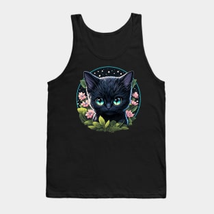 Starry Night Kitten with Big Blue Eyes and Pink Flowers Tank Top